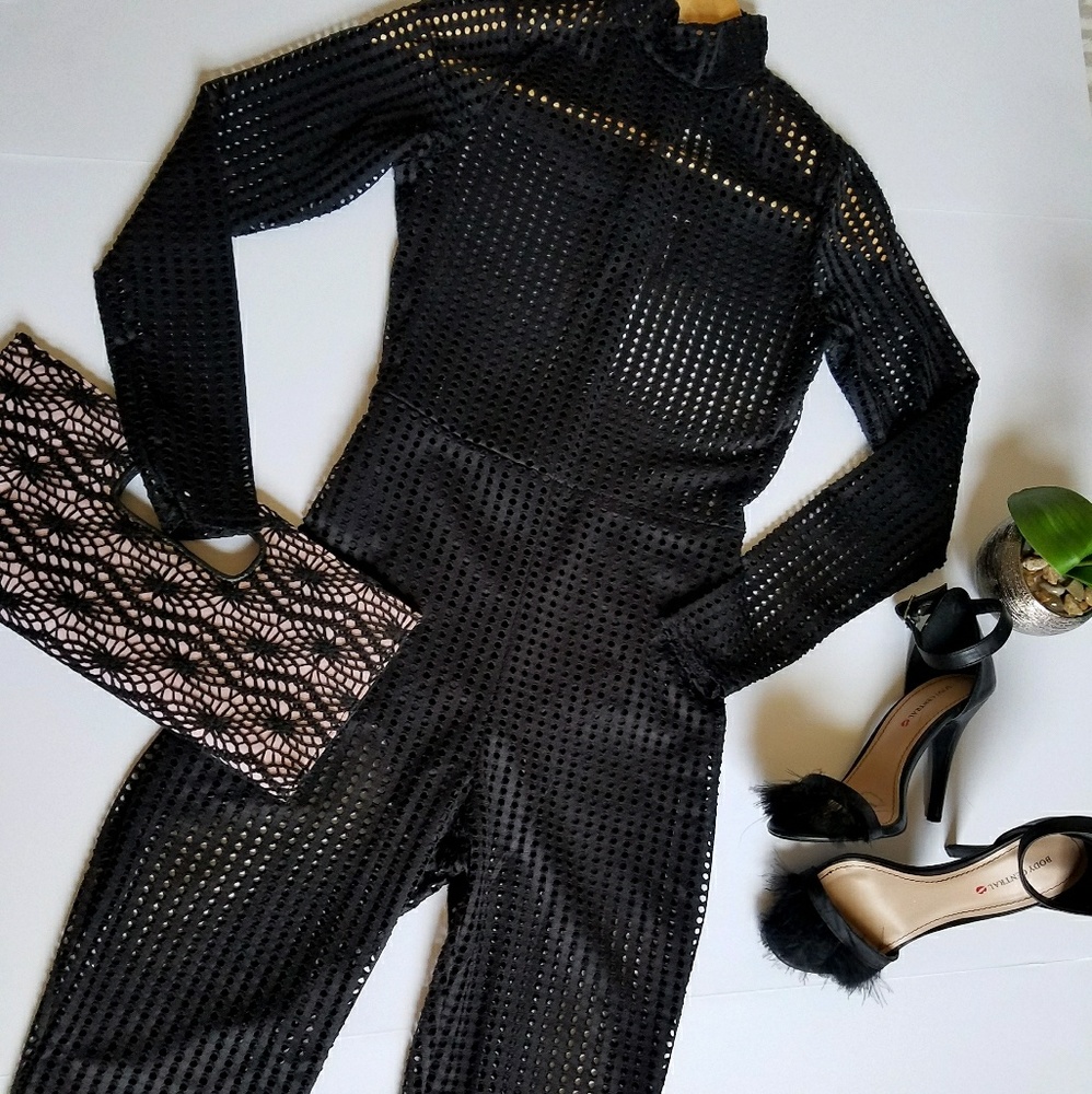 Black Sexy Mesh Skinny Leg Jumpsuit Clubwear Sz 6 - Picture 3 of 11